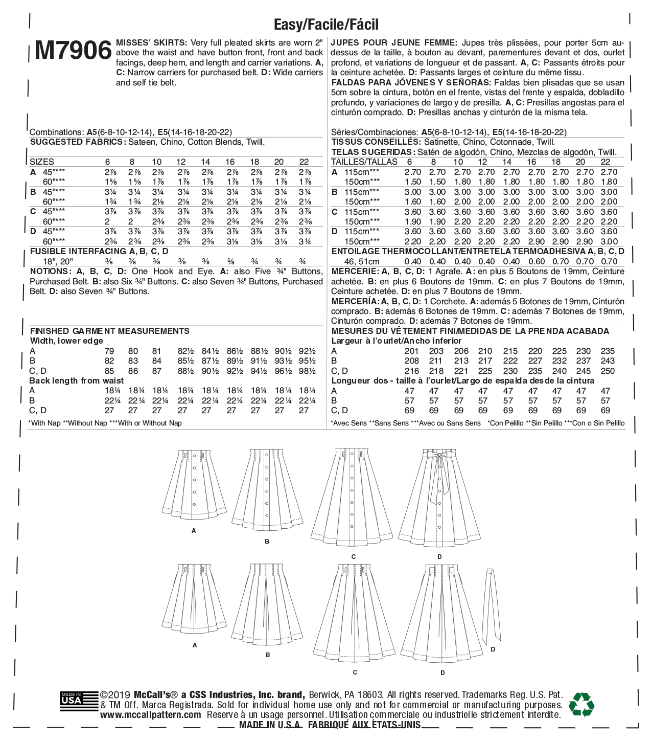 McCall's Pattern M7906 Misses' Skirts