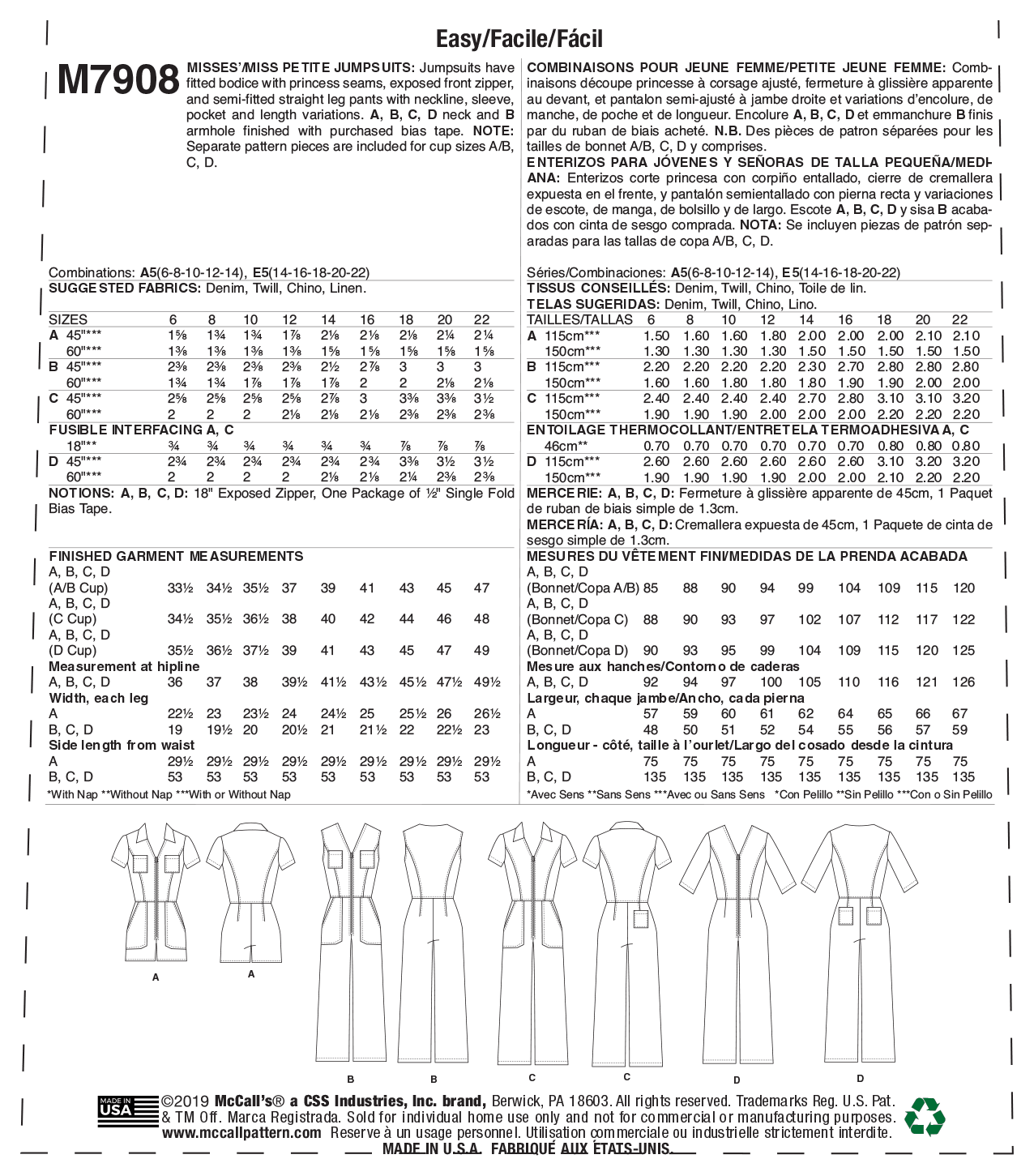 McCall's Pattern M7908 Misses'/Miss Petite Jumpsuits