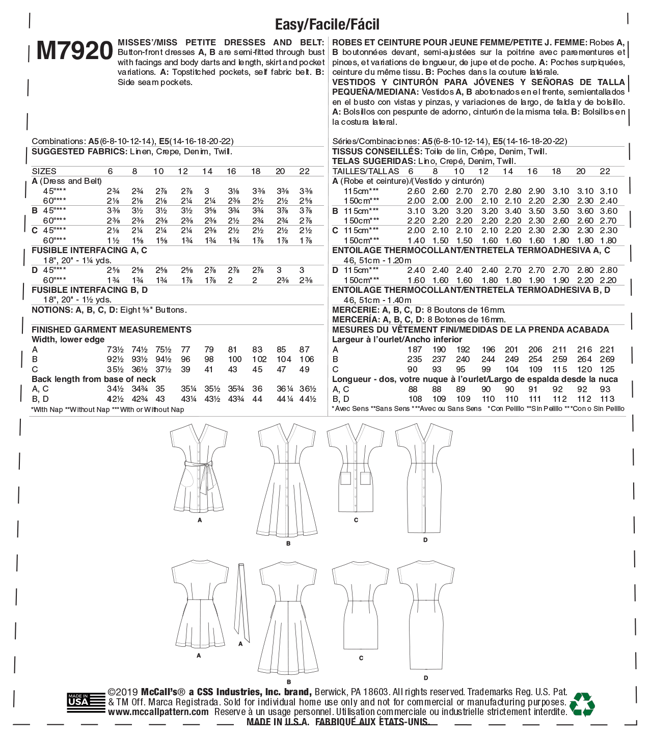 McCall's Pattern M7920 Misses'/Miss Petite Dresses and Belt