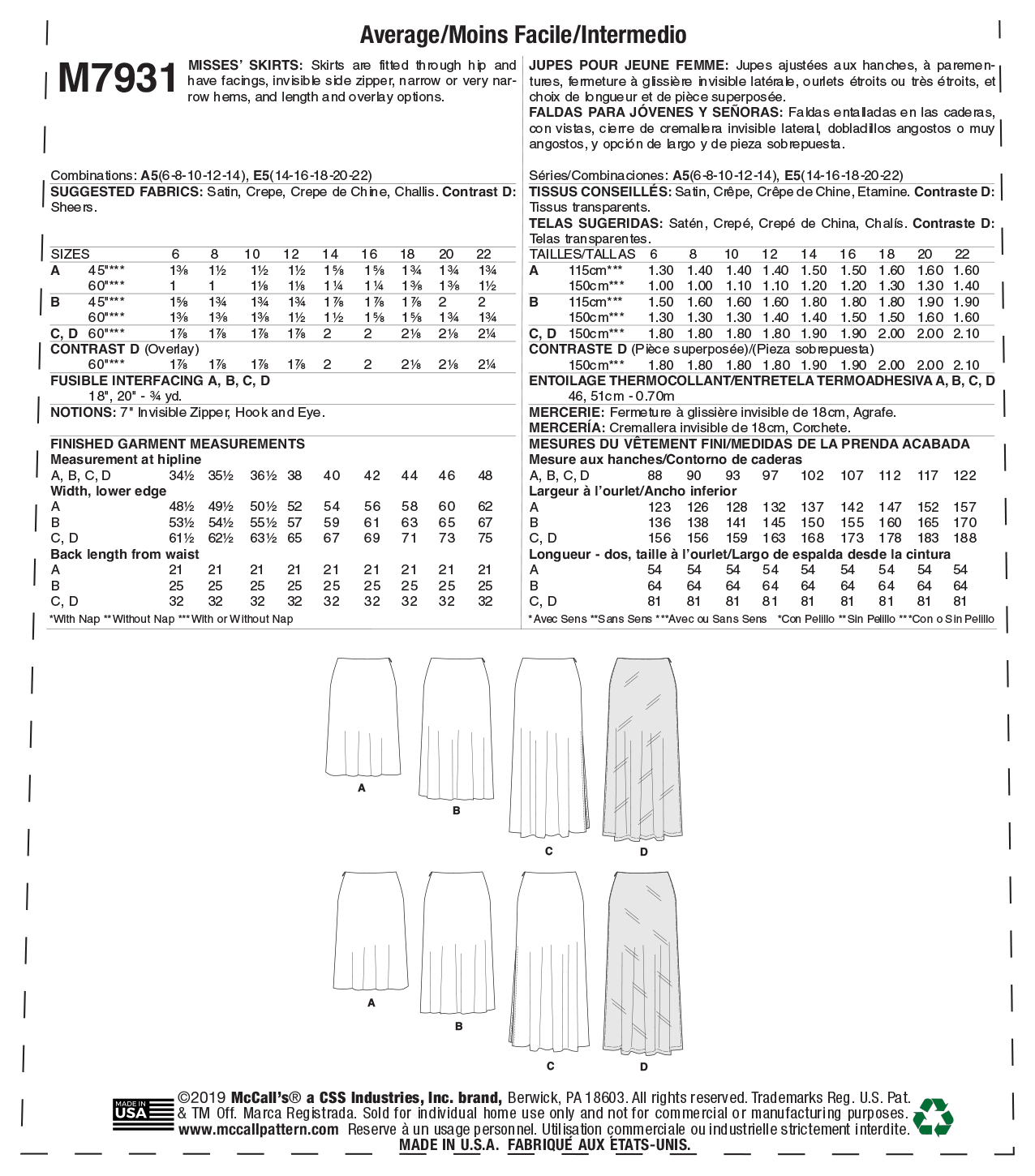 McCall's Pattern M7931 Misses' Skirts