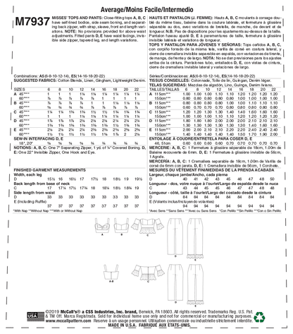 McCall's Pattern M7937 Misses' Tops and Pants