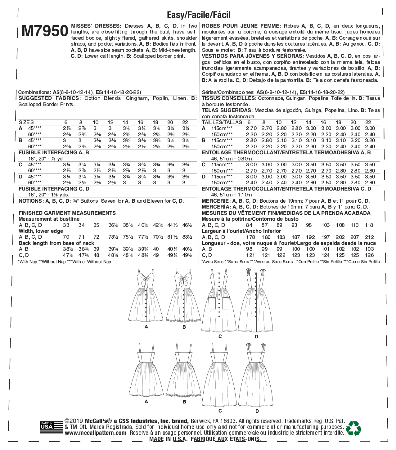 McCall's Pattern M7950 Misses' Dresses