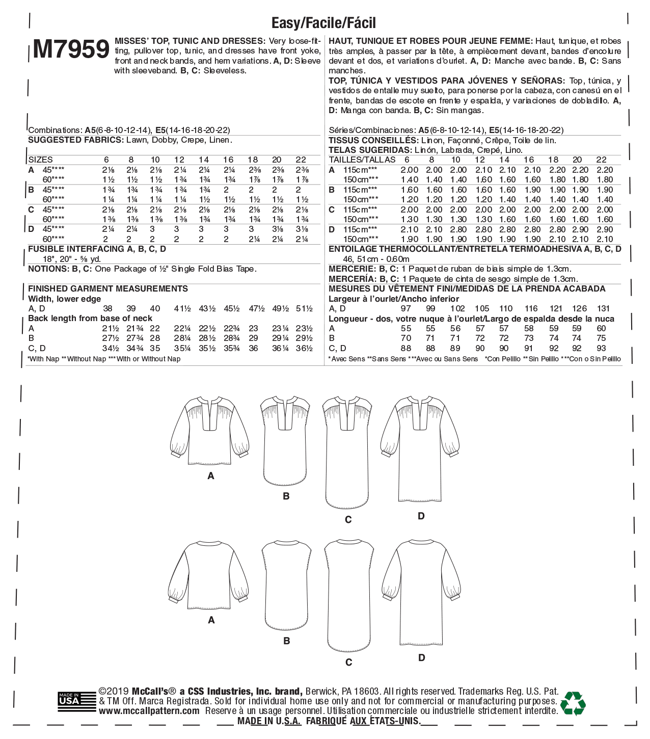 McCall's Pattern M7959 Misses' Top, Tunic and Dresses