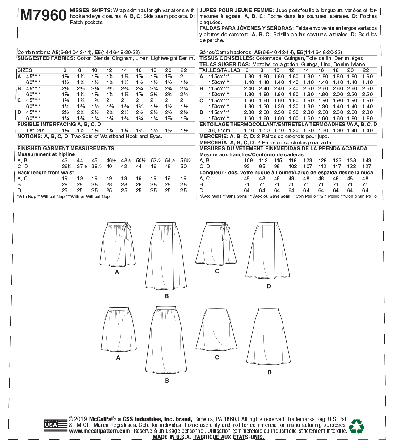 McCall's Pattern M7960 Misses' Skirts