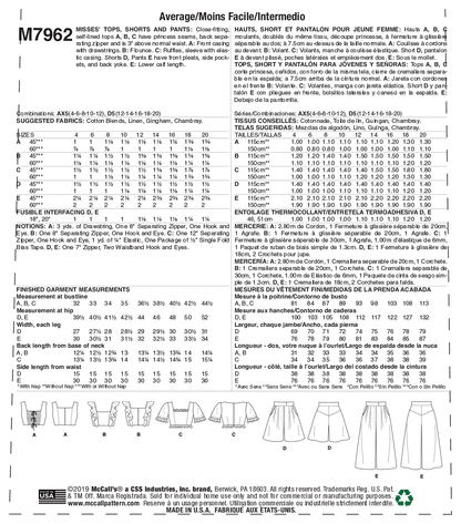 McCall's Pattern M7962 Misses' Tops, Shorts and Pants