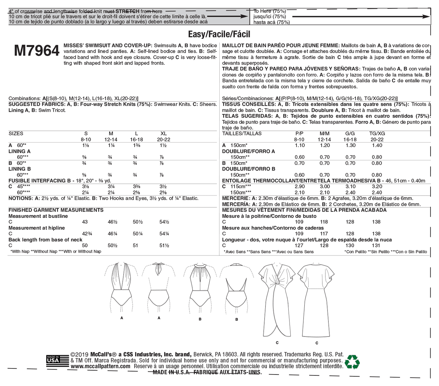 McCall's Pattern M7964 Misses' Swimsuit and Cover-Up