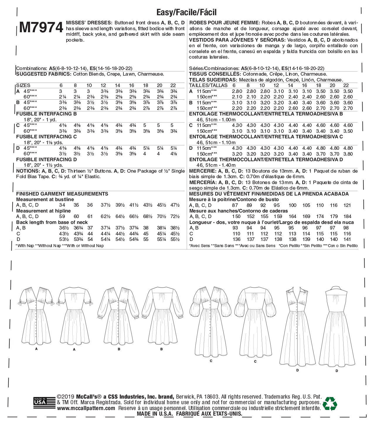 McCall's Pattern M7974 Misses' Dresses