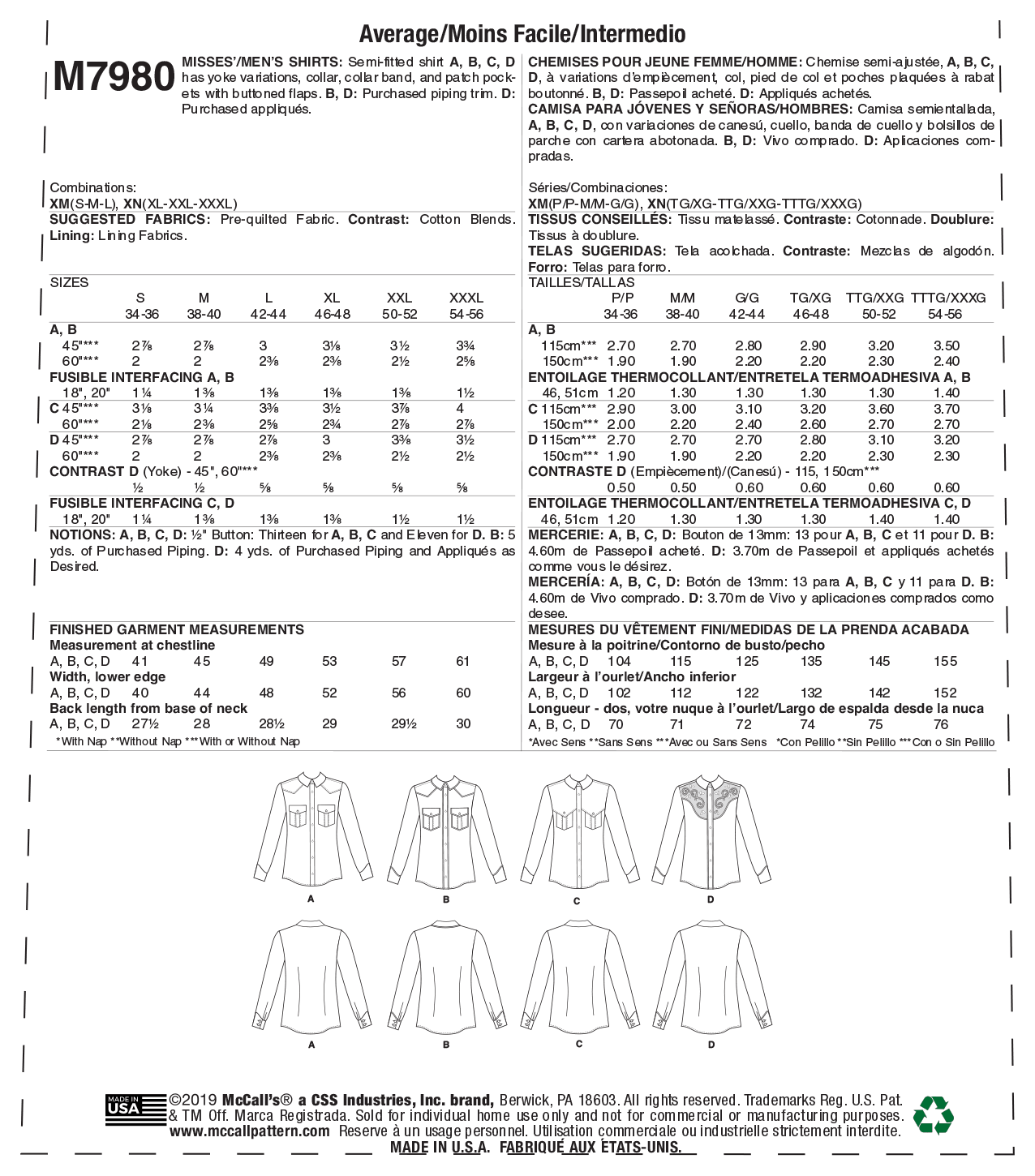 McCall's Pattern M7980 Misses' and Men's Shirts