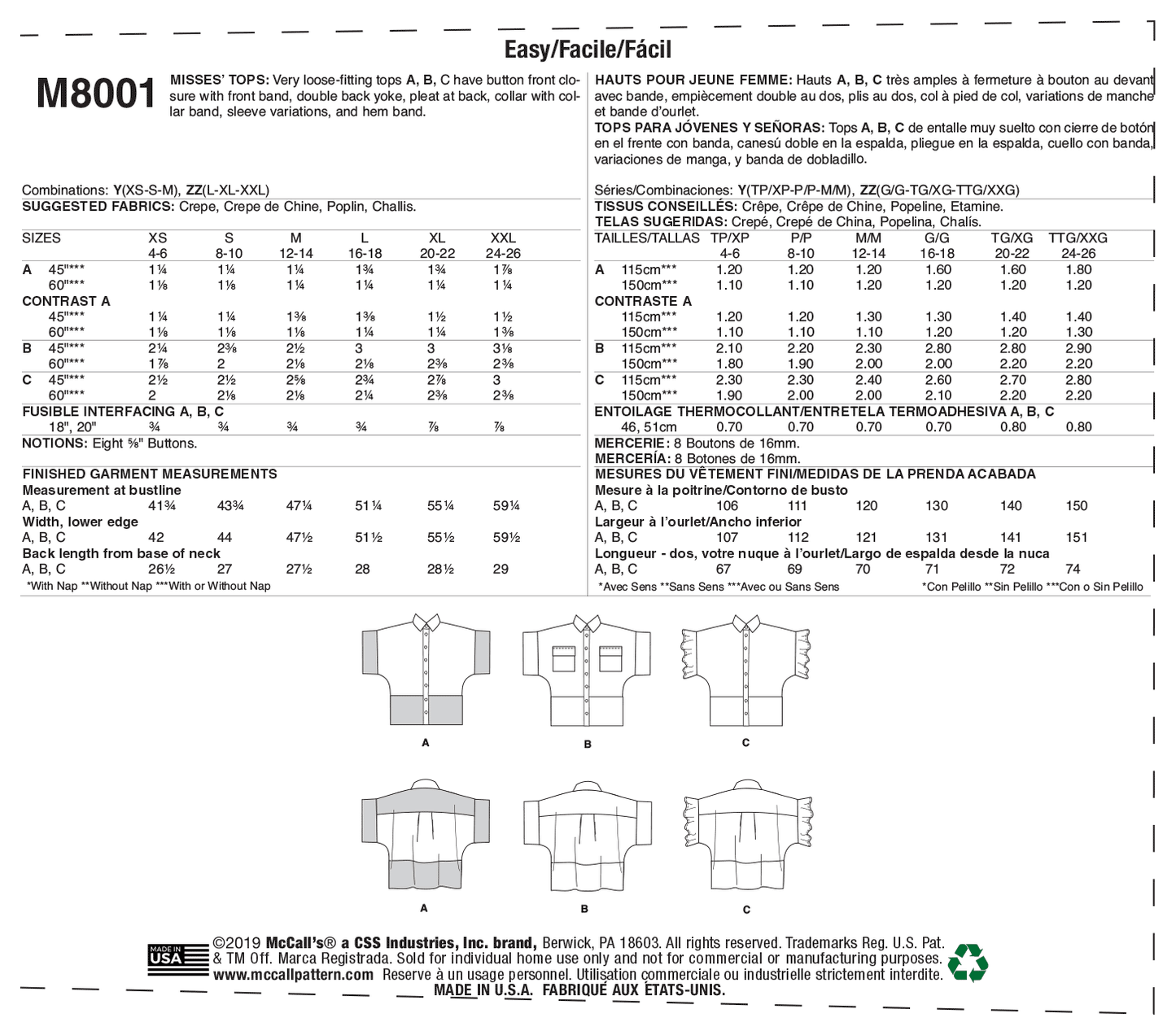 McCall's Pattern M8001 Misses' Tops