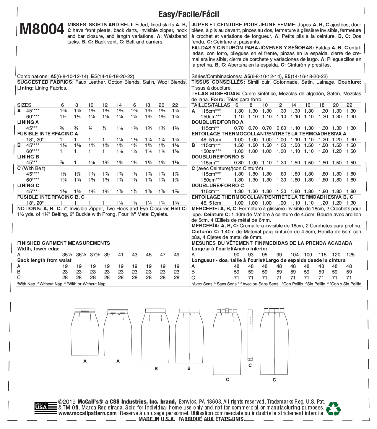 McCall's Pattern M8004 Misses' Skirt and Belt