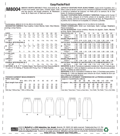 McCall's Pattern M8004 Misses' Skirt and Belt