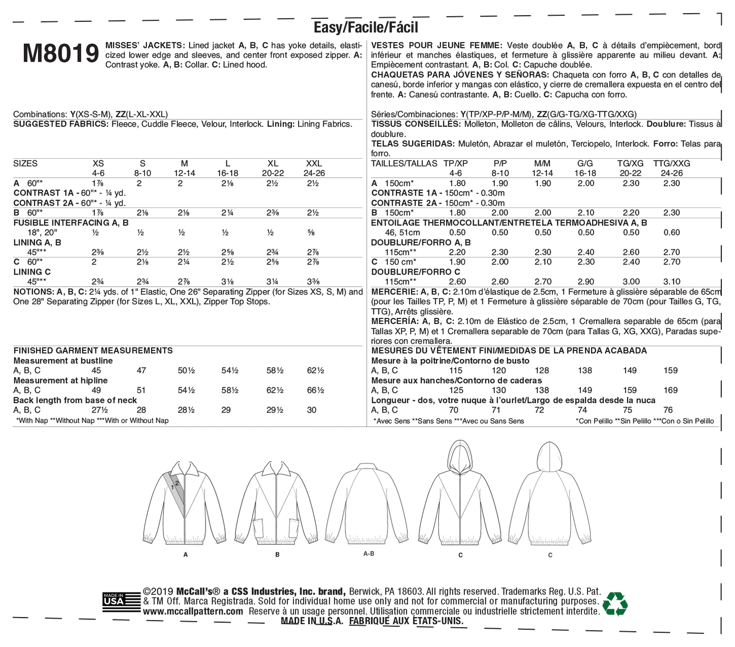 McCall's Pattern M8019 Misses' Jackets