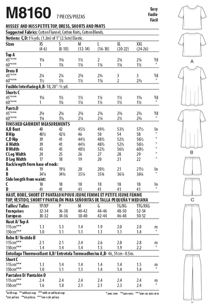 McCall's Pattern M8160 Misses' & Miss Petite Short Sleeve Top, Dress, Pull-On Shorts & Pants