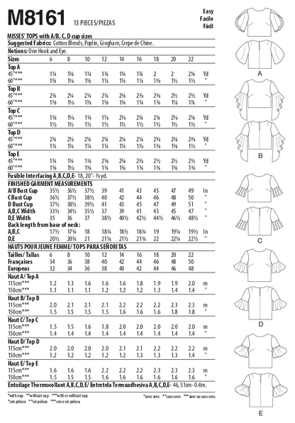 McCall's Pattern M8161 Misses' Tops With Trumpet, Tulip, Pleated Or Bubble Sleeves