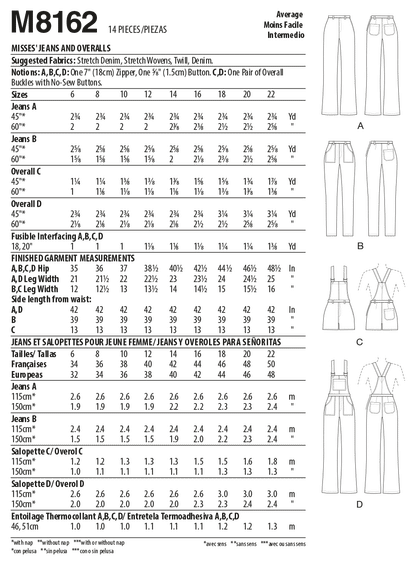 McCall's Pattern M8162 Misses' Flared Jeans, Overalls, Skinny Jeans & Shortalls