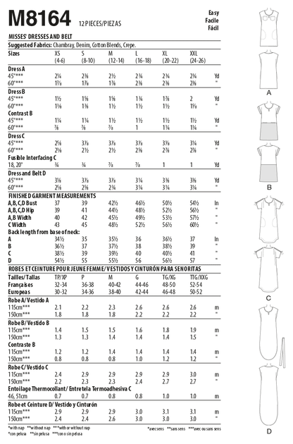 McCall's Pattern M8164 Misses' Pullover Dresses With Sleeve Ties, Pocket Variations & Belt