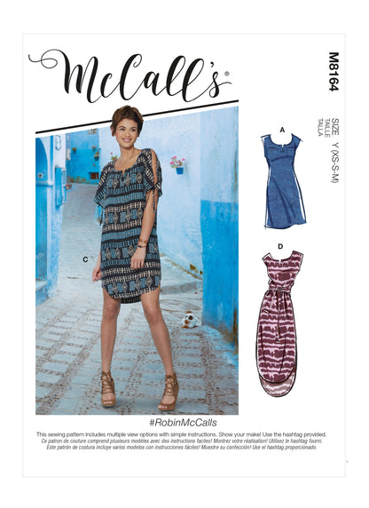 McCall's Pattern M8164 Misses' Pullover Dresses With Sleeve Ties, Pocket Variations & Belt