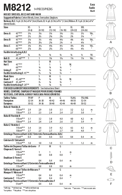 McCall's Pattern M8212 Misses' Dresses, Belt, Hat & Mask