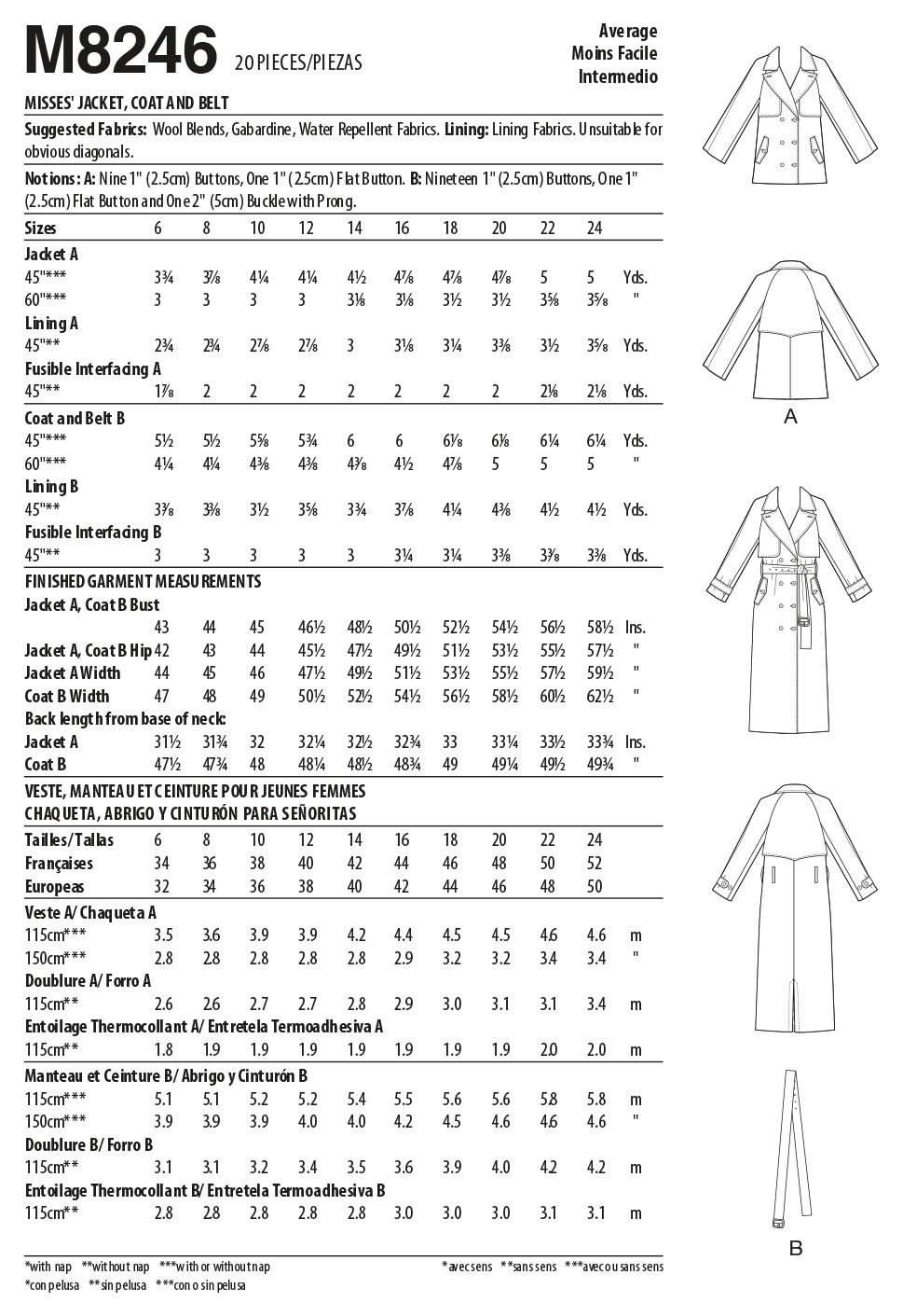 McCall's Pattern 8246 Misses' Jacket, Coat and Belt