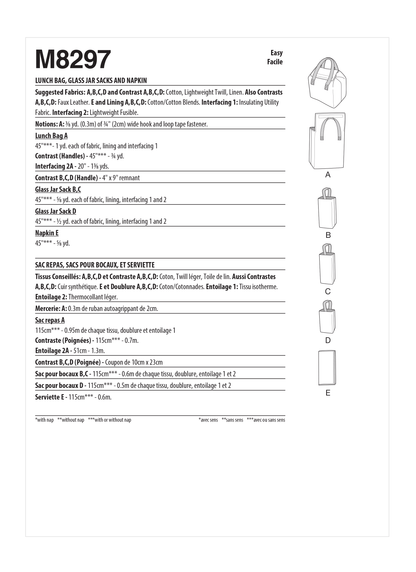 McCall's Pattern M8297 Lunch Bag Sack Napkin