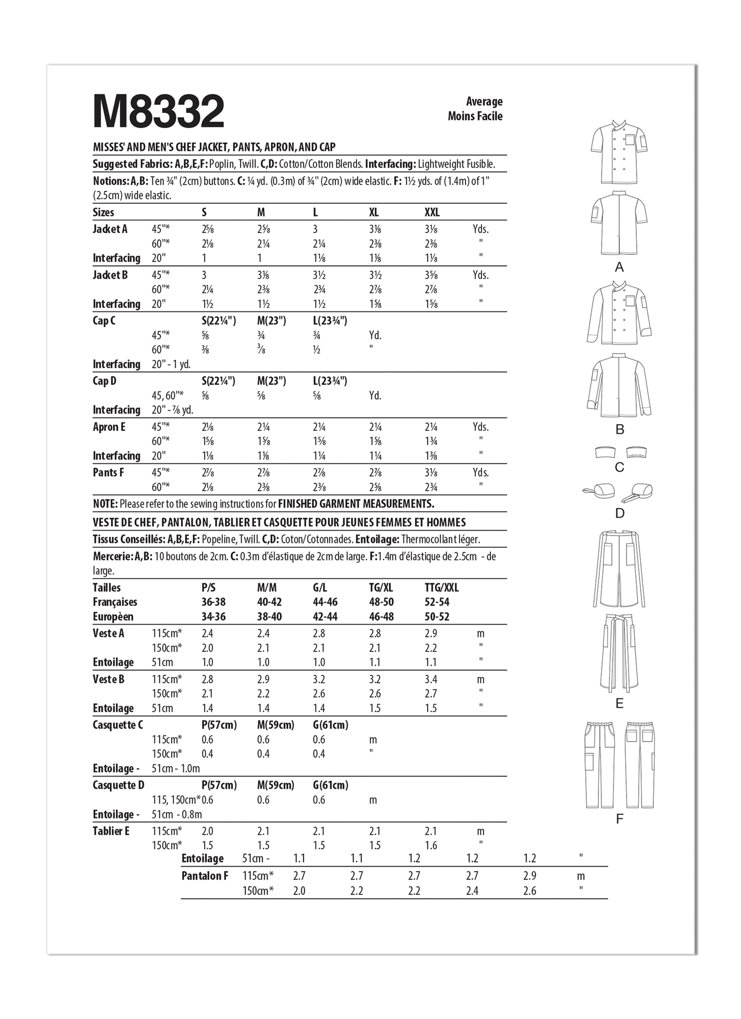 McCall's M8332  Misses' and Men's Chef Uniform