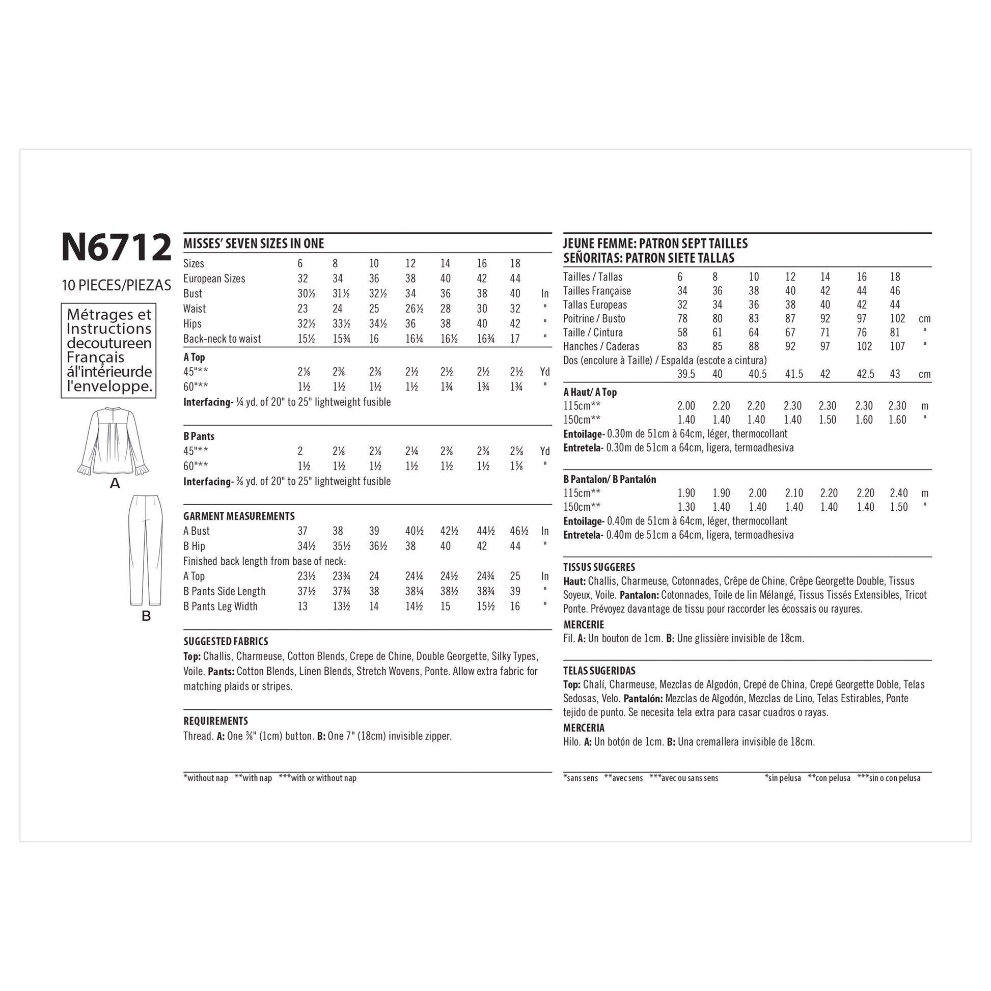 Newlook Pattern N6712 Misses Top And Pants