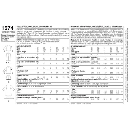 Simplicity Pattern 1574 Toddlers' Loungewear