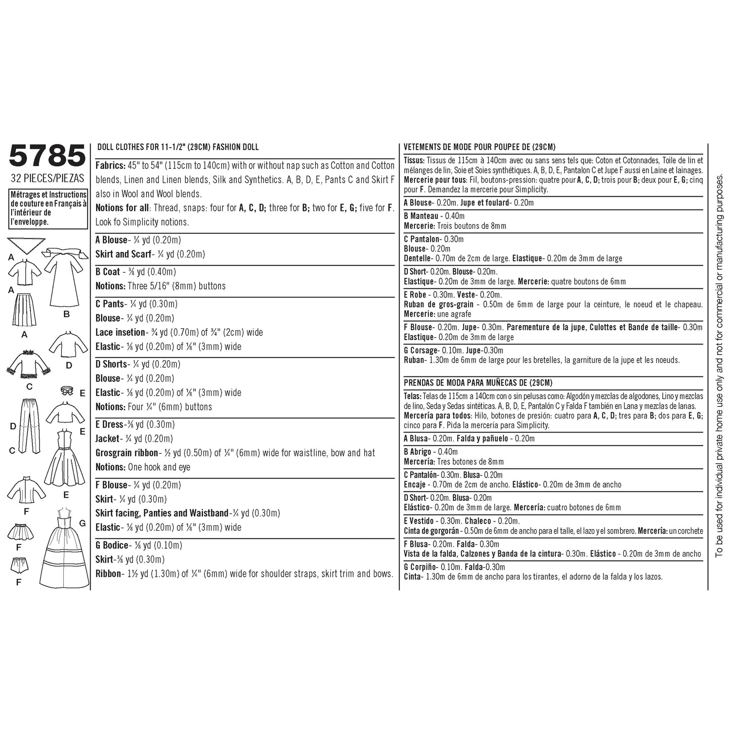 Simplicity Pattern 5785 OS Doll Clothes