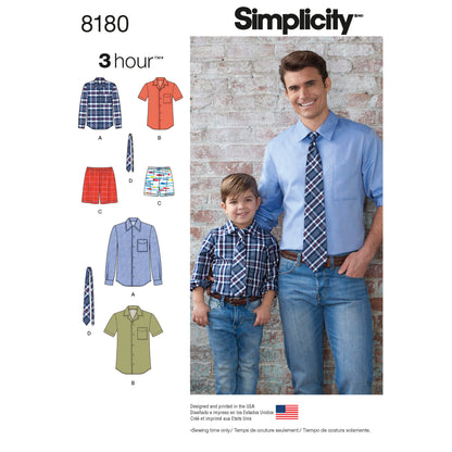 Simplicity Pattern 8180 Boys' and Men's Shirt, Boxer Shorts and Tie