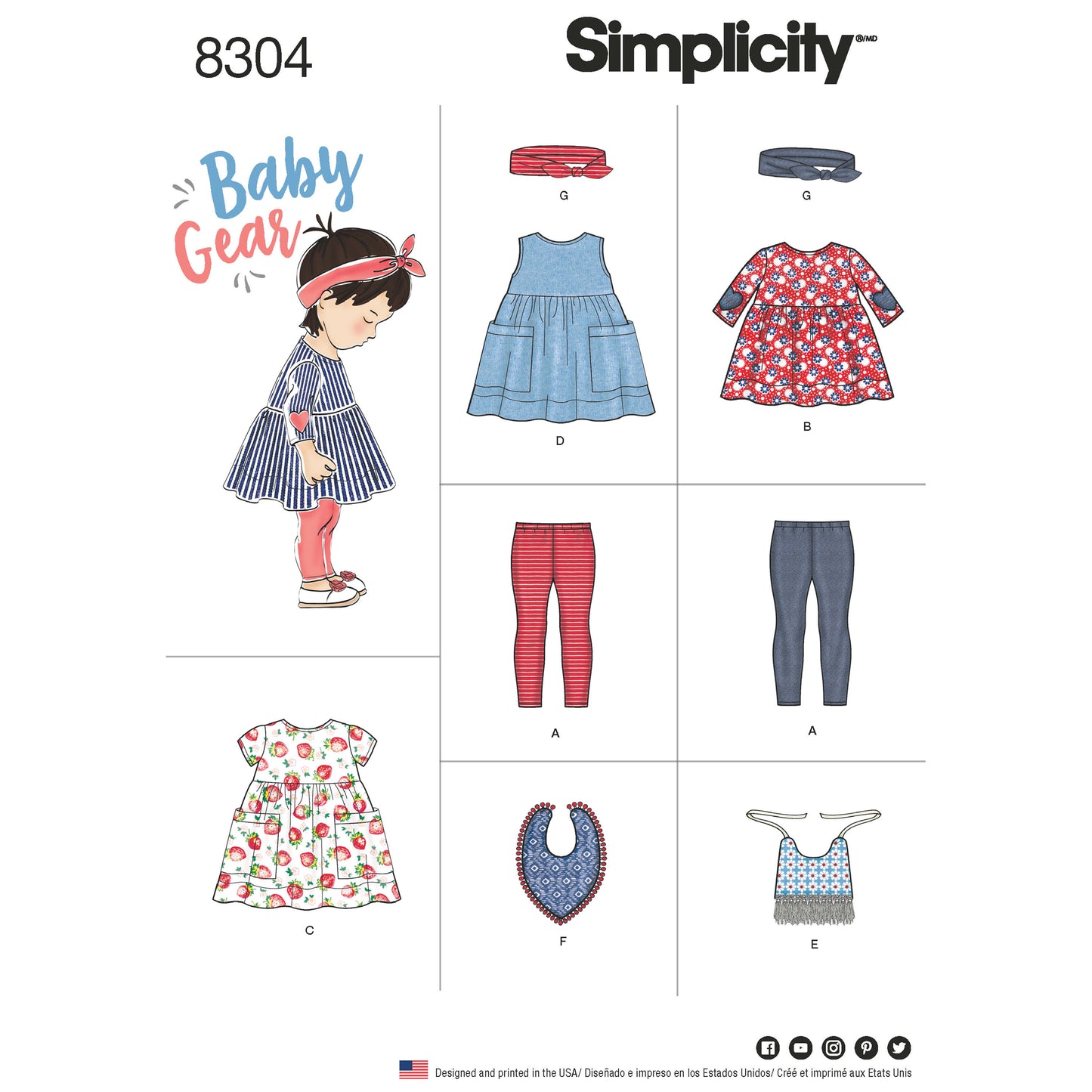 Simplicity Pattern 8304 Babies', Leggings, Top, Dress, Bibs and Headband in thress sizes S(17") M(18") L(19")