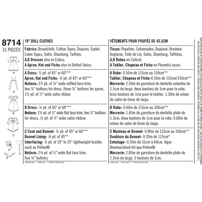 Simplicity Pattern 8714 18" Doll Clothes