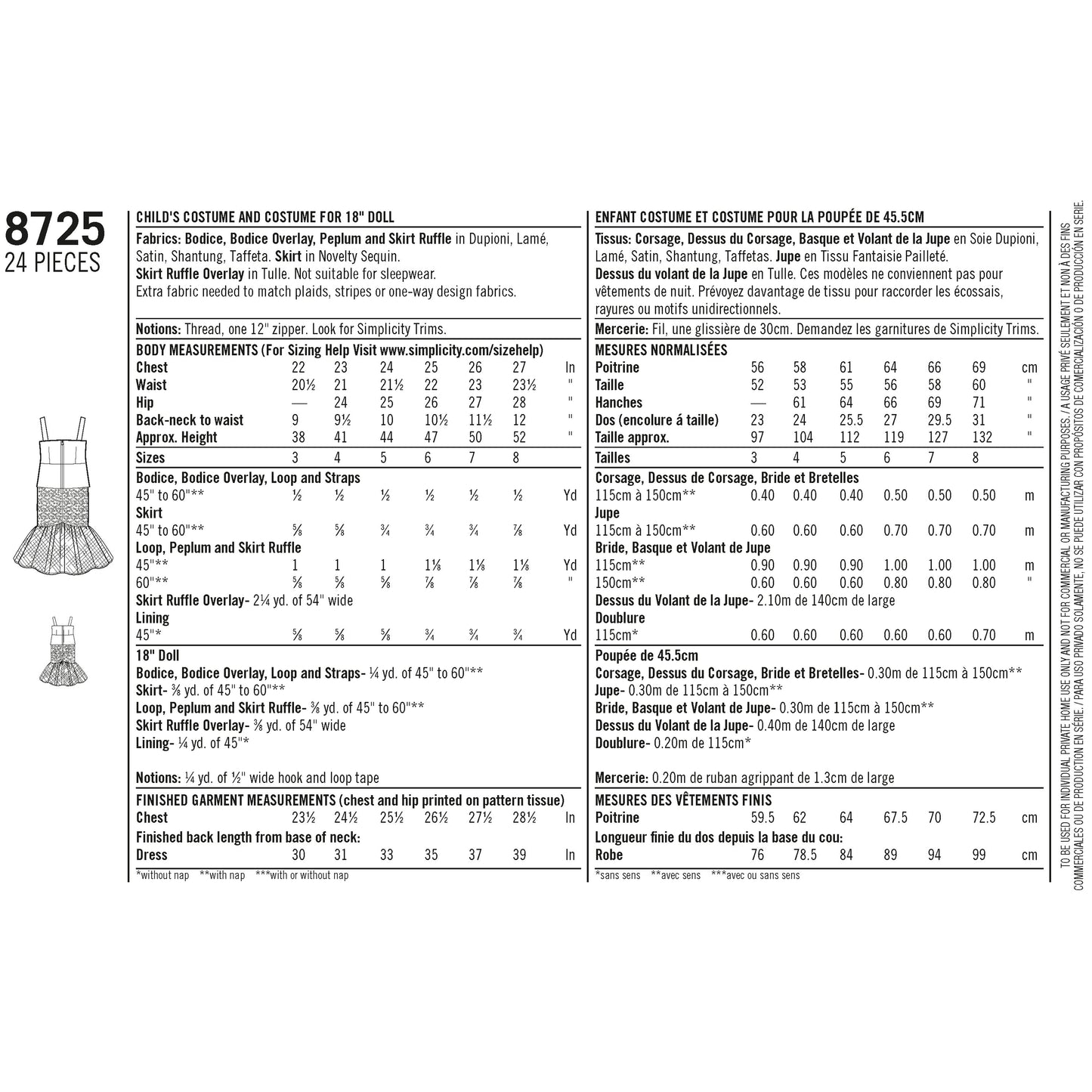 Simplicity Pattern 8725 Child's and 18" Doll Costumes