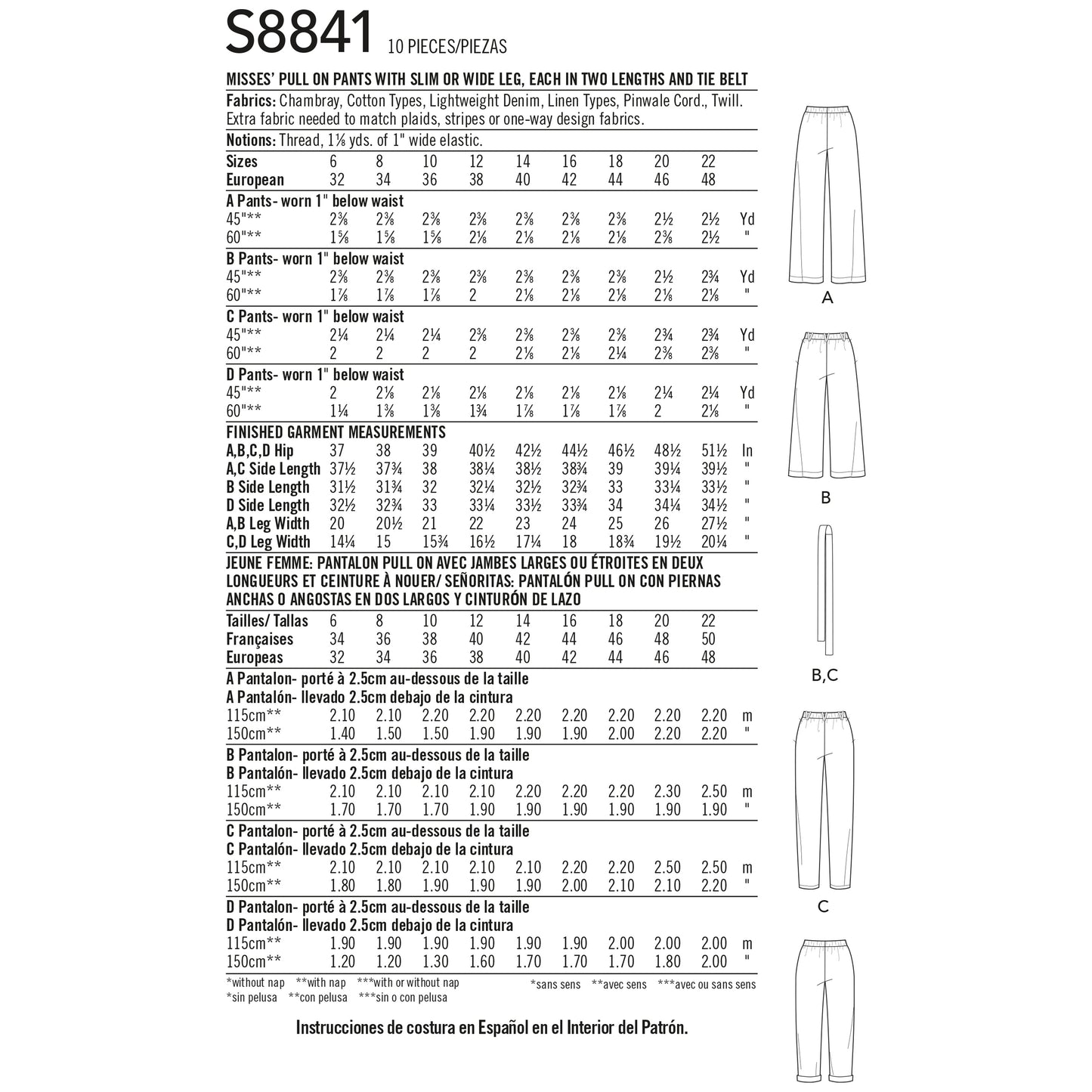 Simplicity Pattern 8841 Misses' Wide or Slim-Leg Pull-On Pants