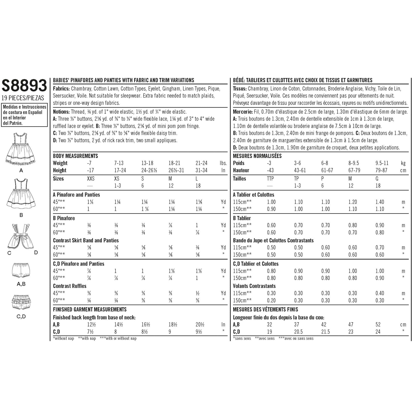 Simplicity Pattern 8893 Babies' Pinafores