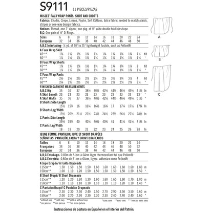 Simplicity Pattern 9111 Misses' Faux Wrap Pants, Skirt & Shorts