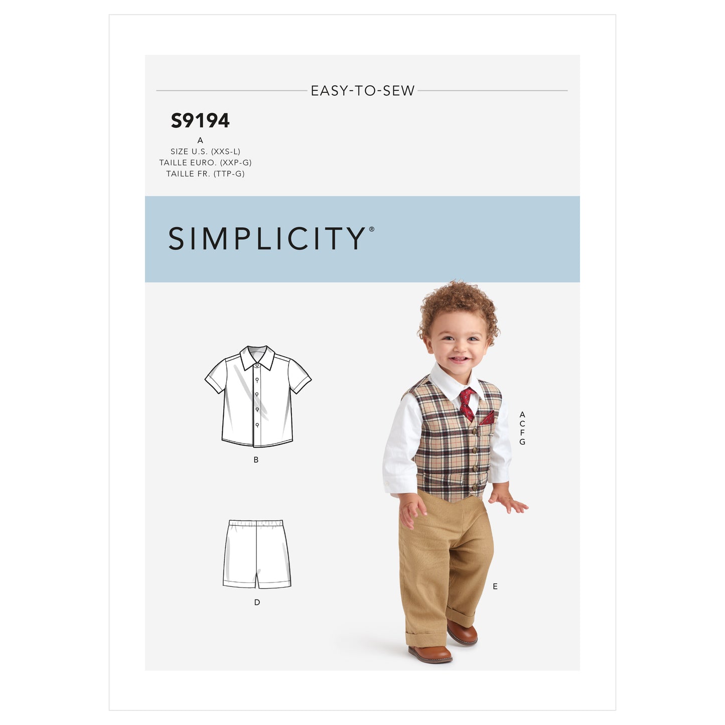 Simplicity Pattern 9194 Infants' Vest, Shirt, Shorts, Pants, Tie & Pocket quare