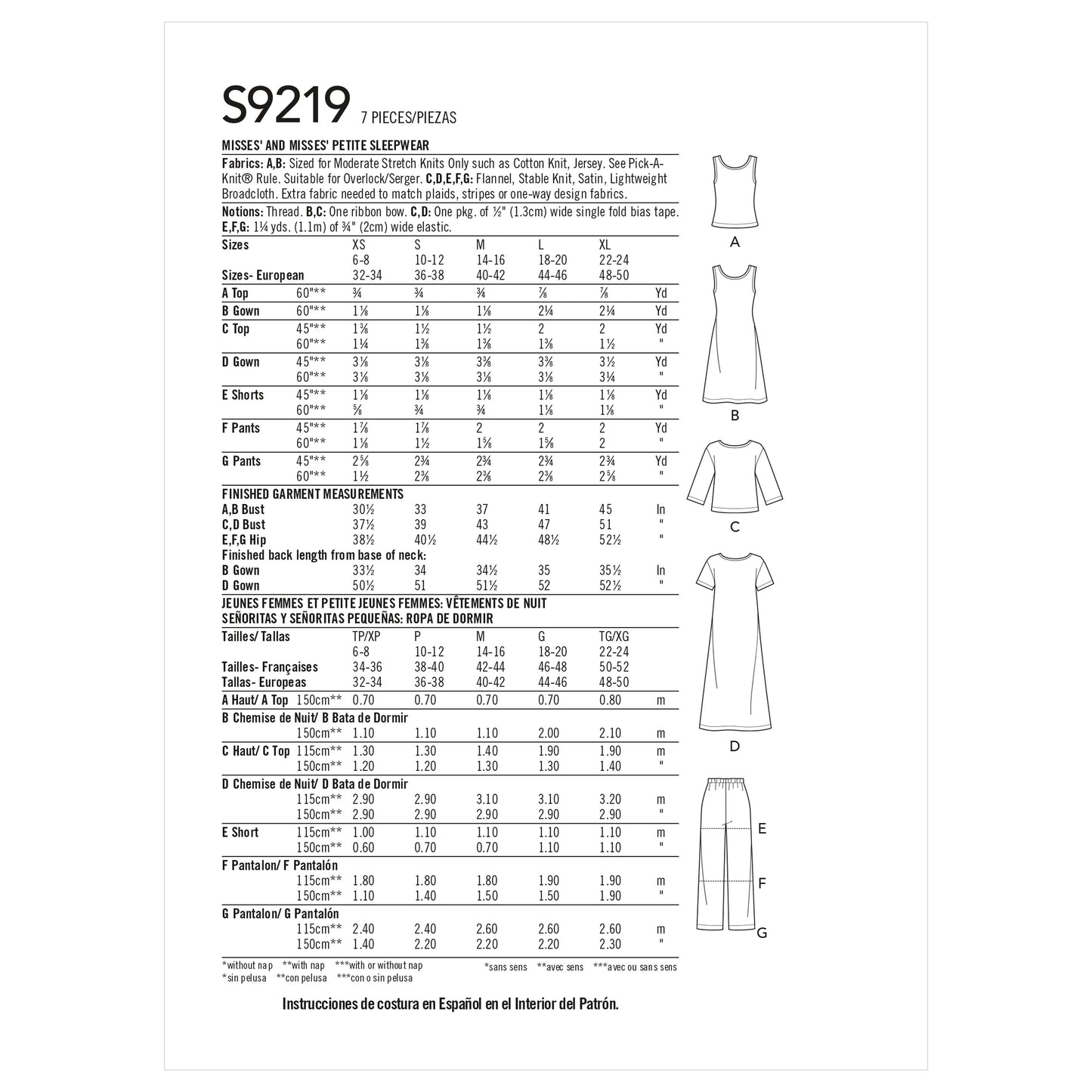 Simplicity Pattern S9219 Misses' & Misses' Petite Sleepwear