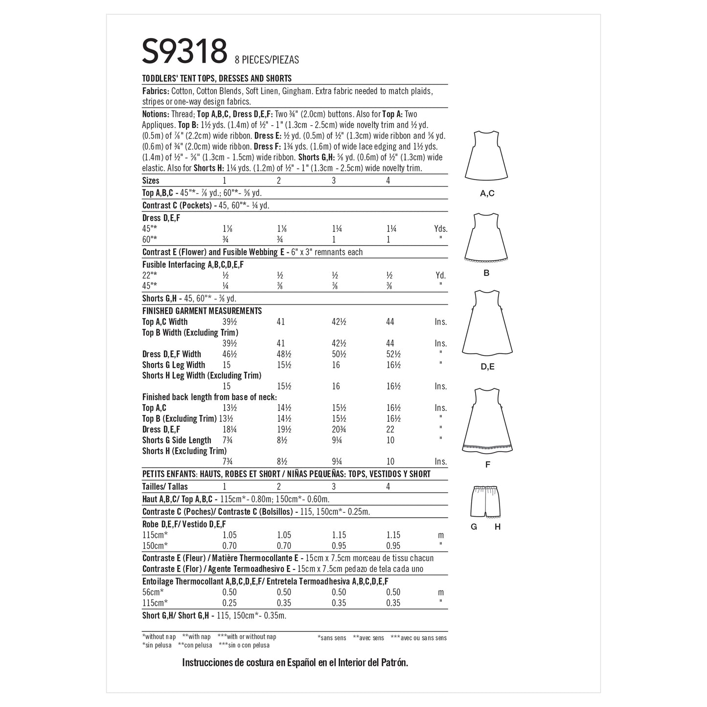 Simplicity Pattern 9318 Toddlers' Tent Tops, Dresses, and Shorts