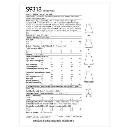 Simplicity Pattern 9318 Toddlers' Tent Tops, Dresses, and Shorts