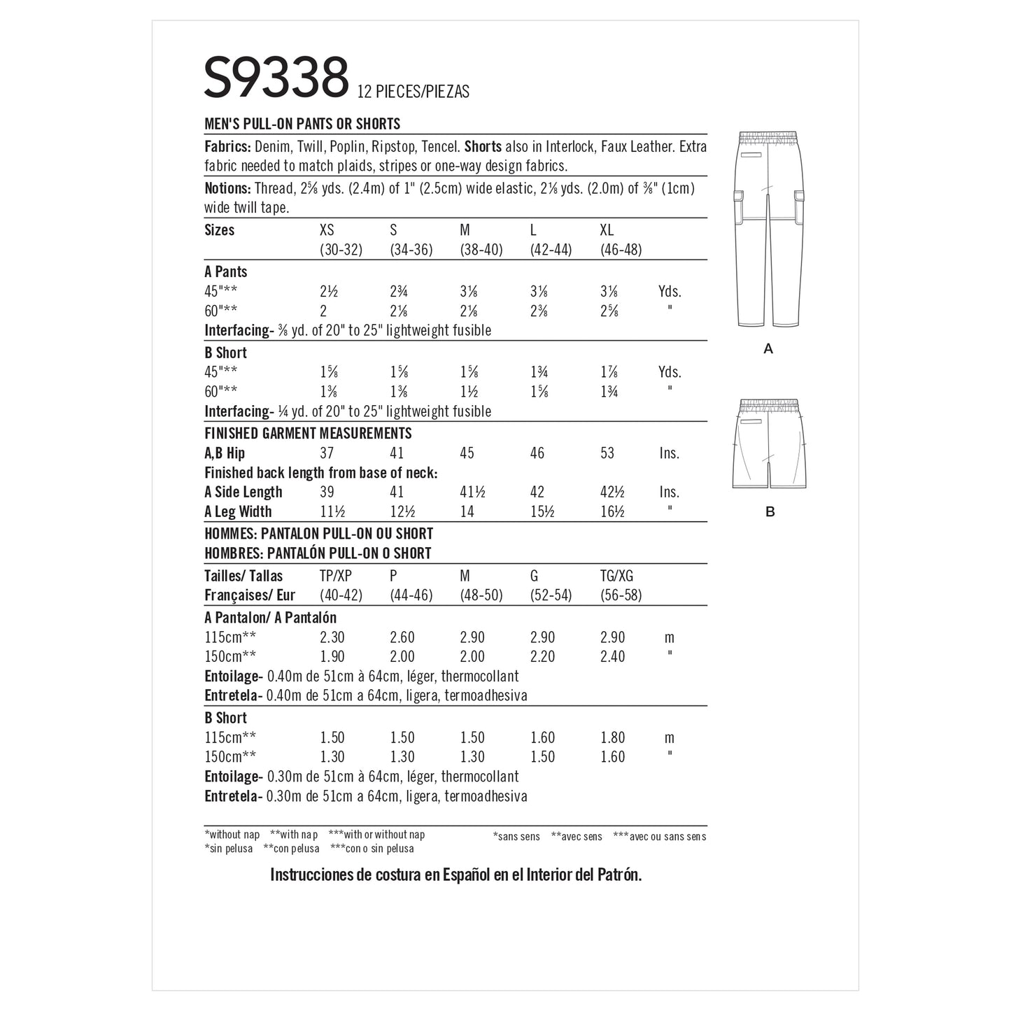 Simplicity Pattern 9338 Men's Pull-On Pants or Shorts