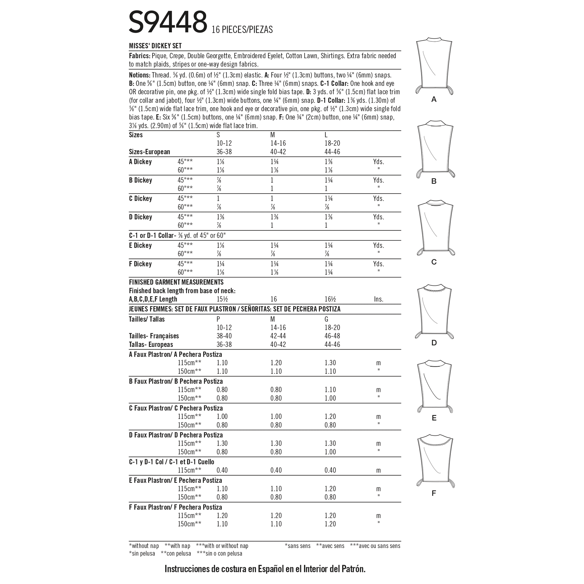 Simplicity Pattern S9448 Misses' Dickey Set