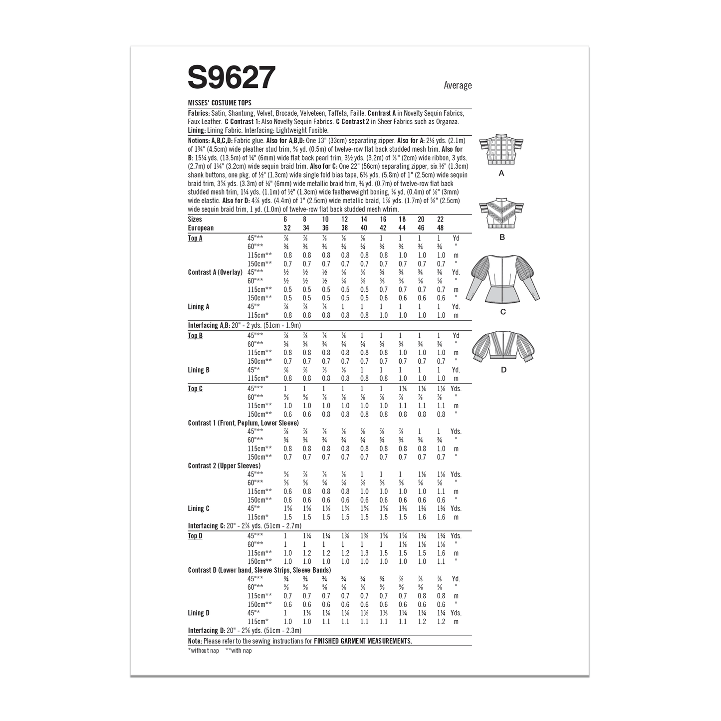 Simplicity Pattern S9627 Misses' Costume Tops