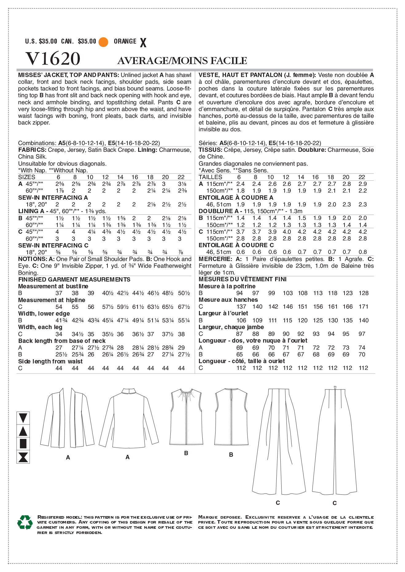 Voguepattern V1620 Misses' Jacket, Top and Pants