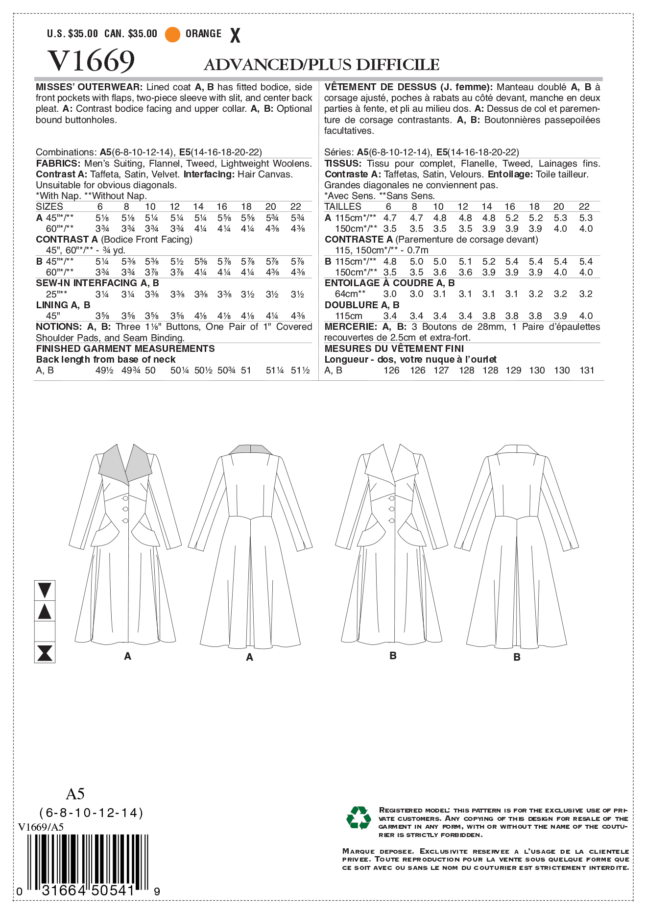 Voguepattern V1669 Misses' Outerwear