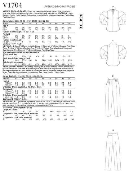 Voguepattern V1704 Misses' Top & Pants