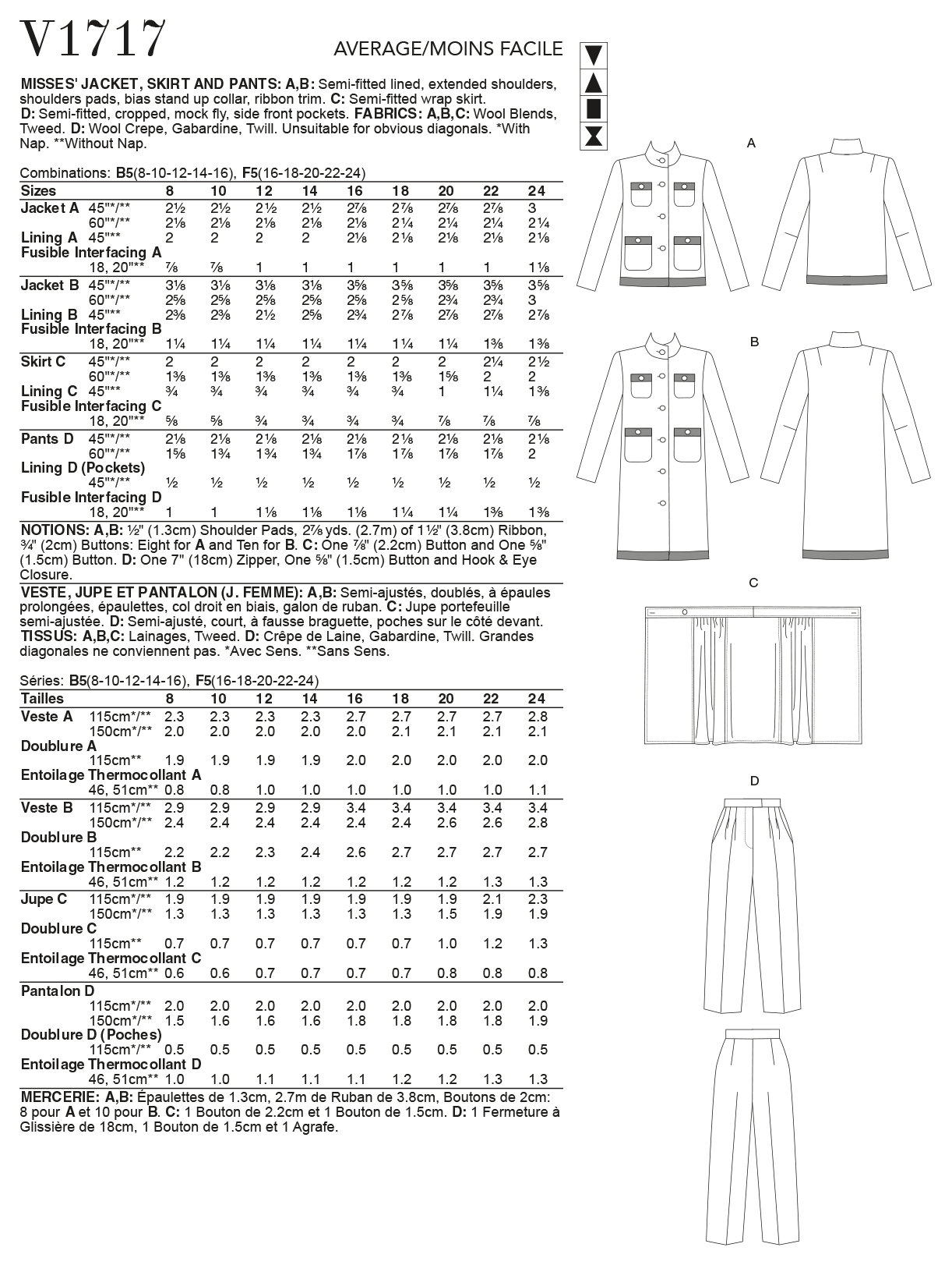 Voguepattern V1717 Misses' Jacket, Skirt & Pants