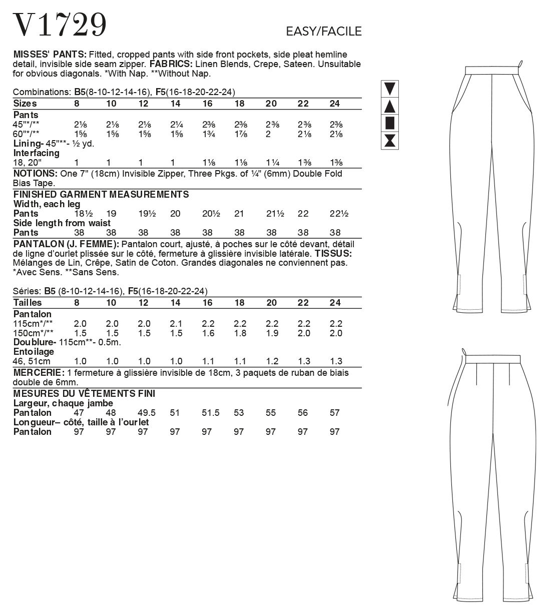 Vogue Pattern V1729 Misses' Pants