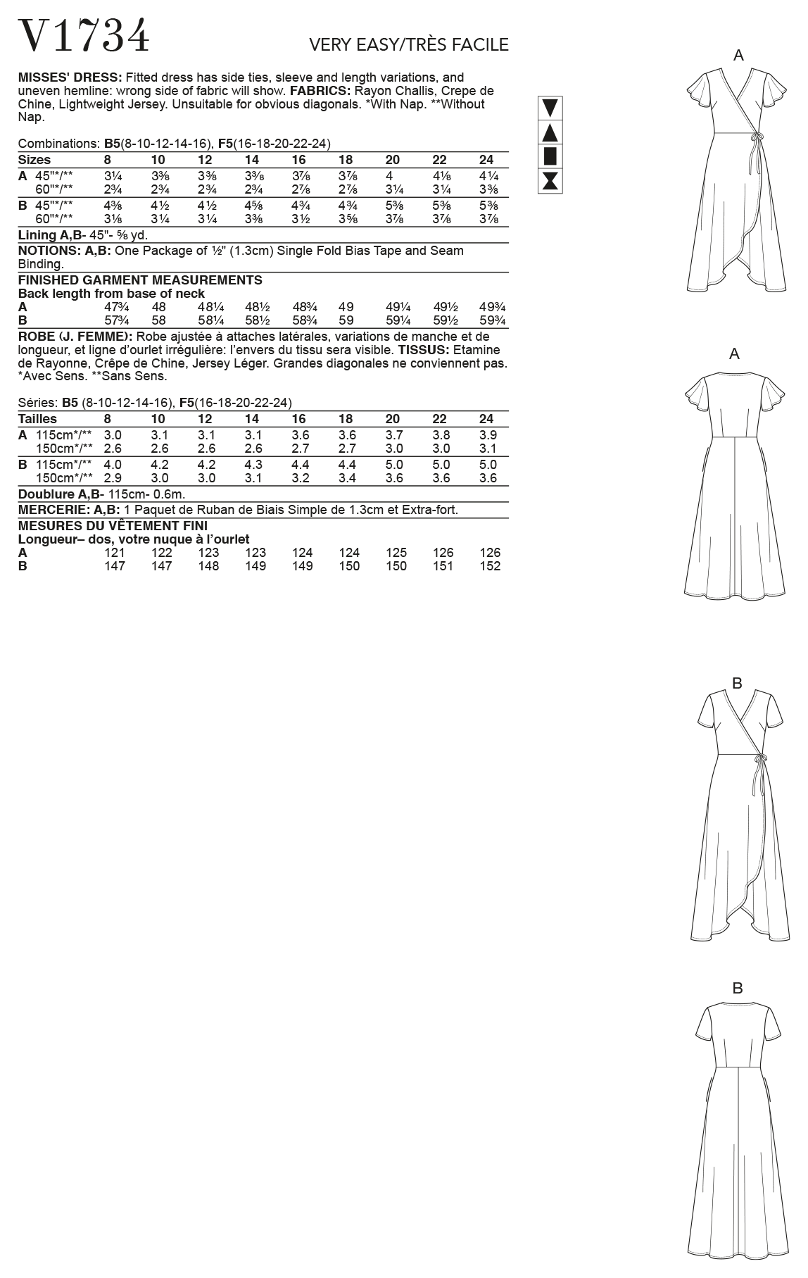 Vogue Pattern V1734 Misses' Wrap Dresses with Ties, Sleeve and Length Variations