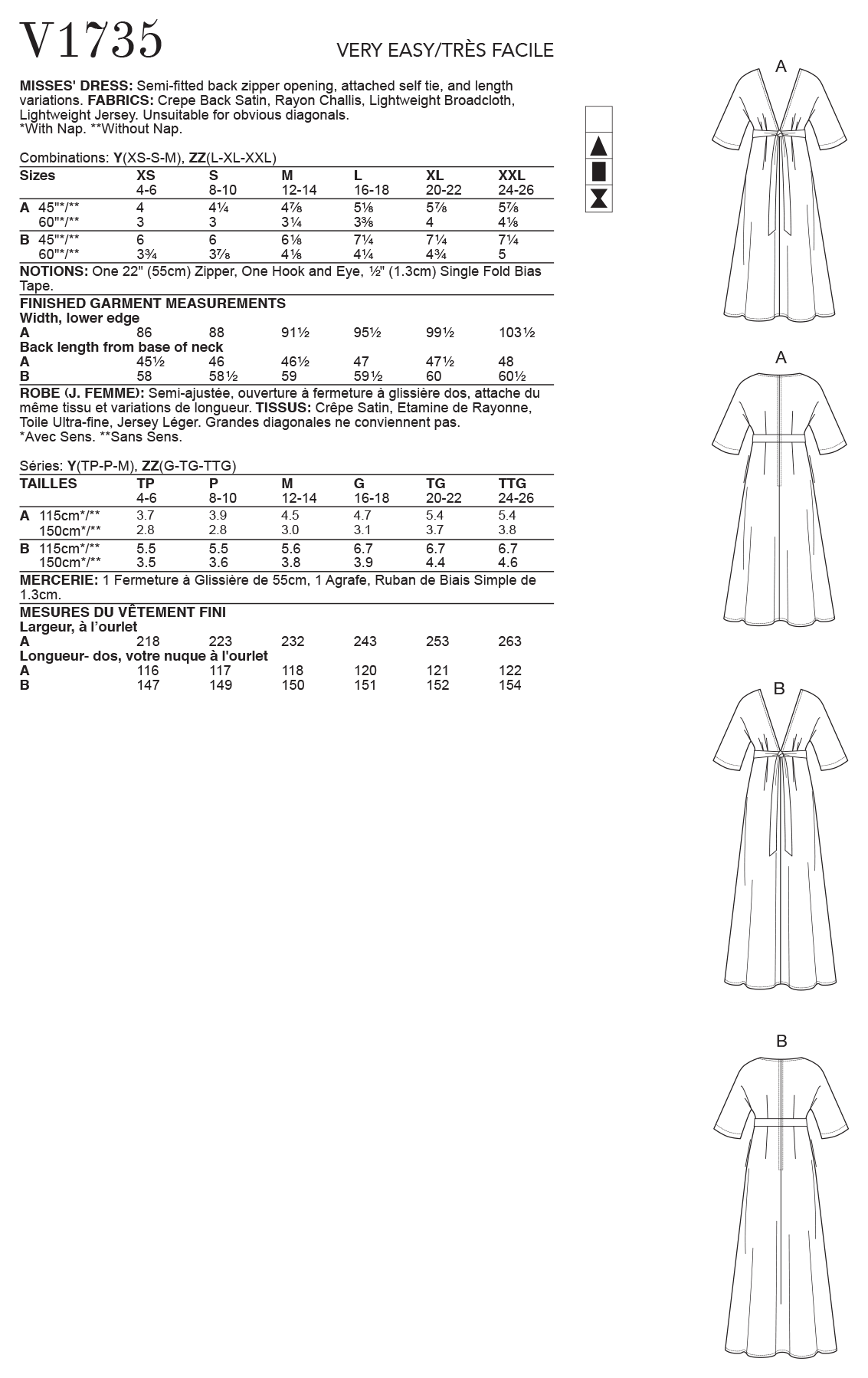 Vogue Pattern V1735 Misses' Deep-V Kimono-Style Dresses with Self-Tie