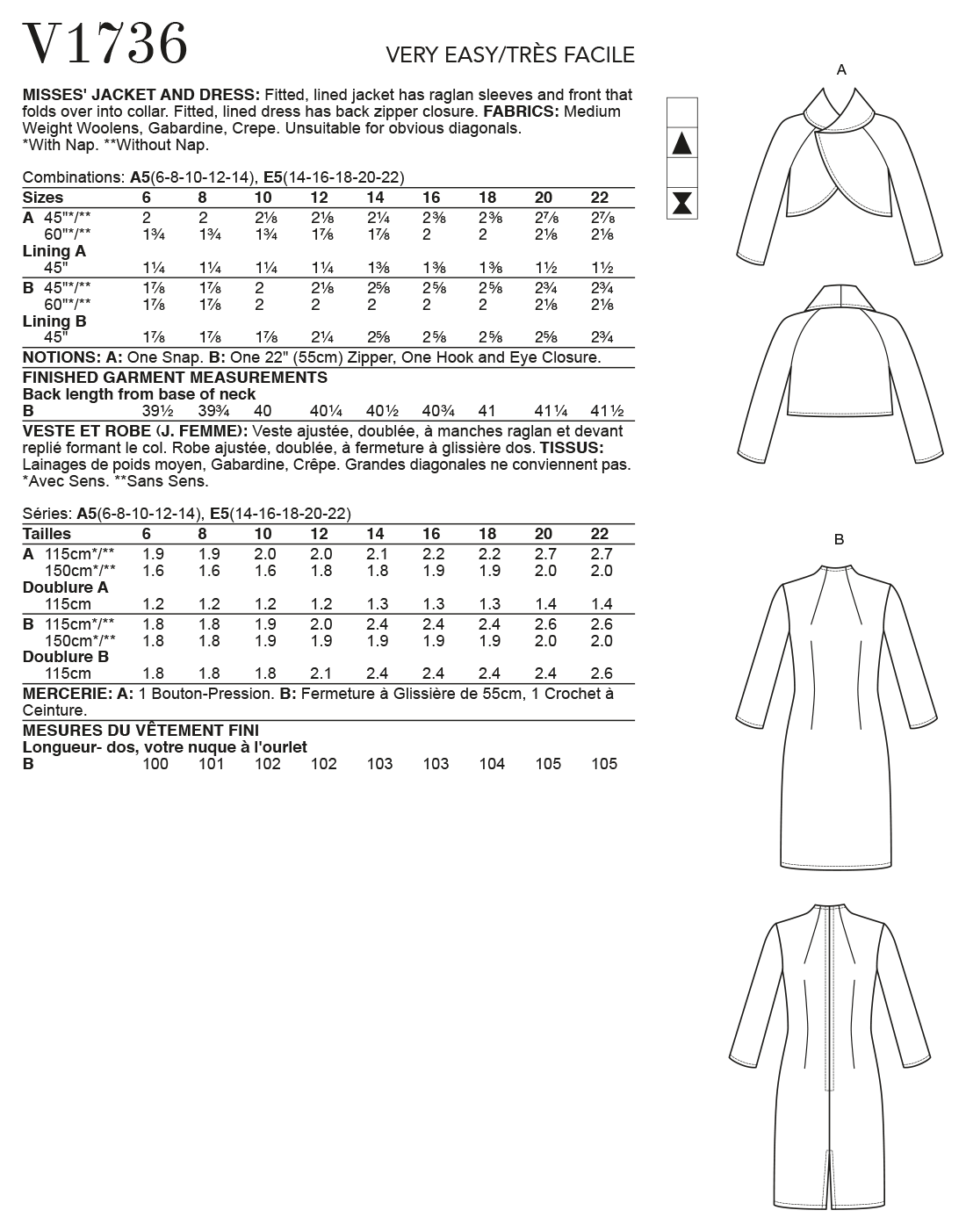 Vogue Pattern V1736 Misses' Lined Raglan-Sleeve Jacket and Funnel-Neck Dress